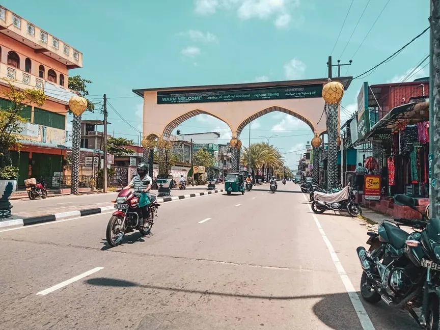 Street view through the town entrance arch